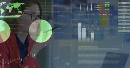 Image of financial data processing over businesswomen using smartphone
