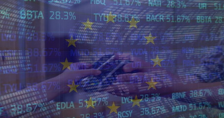 Image of stock market and flag of eu over diverse people paying with smartphone