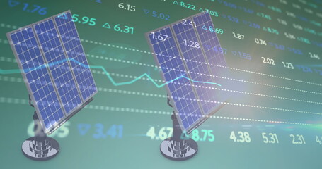 Image of financial data processing over solar panel