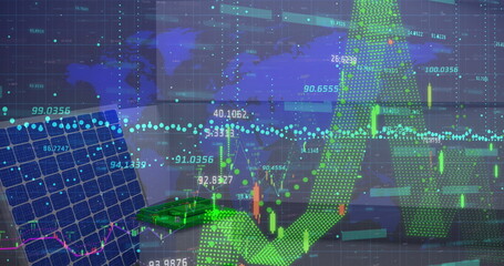 Image of financial data processing over solar panel