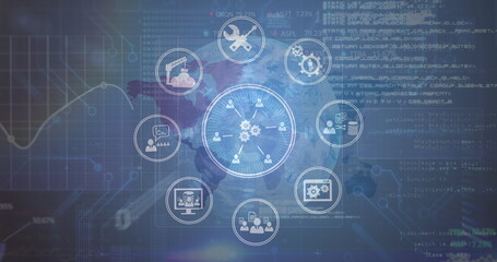 Image of network of media engineering and people cions over world map and data processing