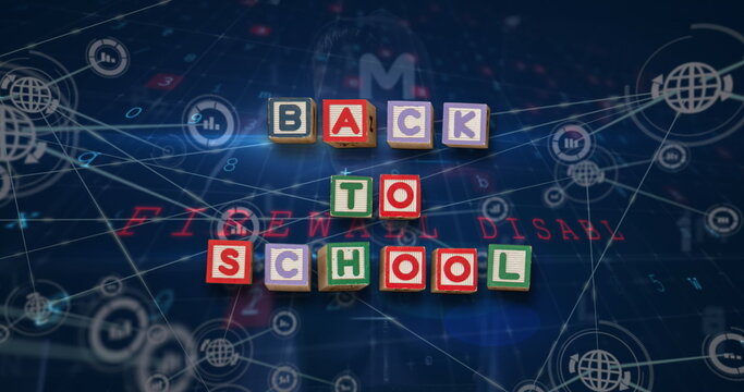 Image of back to school, connections with icons and virus scanning on navy background - Powered by Adobe