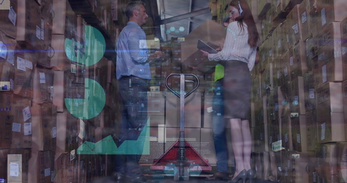 Image of caucasian female and male warehouse workers over graphs