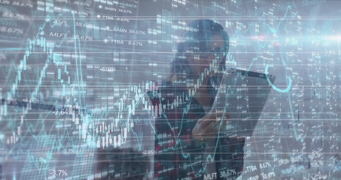 Image of data processing over businesswoman at office