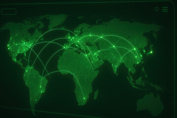 Glowing world map visualization, digital representation of global connectivity and data flow in vibrant green hues.