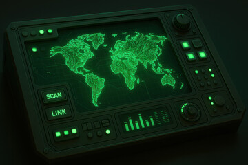 Futuristic digital map display, glowing green world map on a sleek device, highlighting global connectivity, tech and innovation.