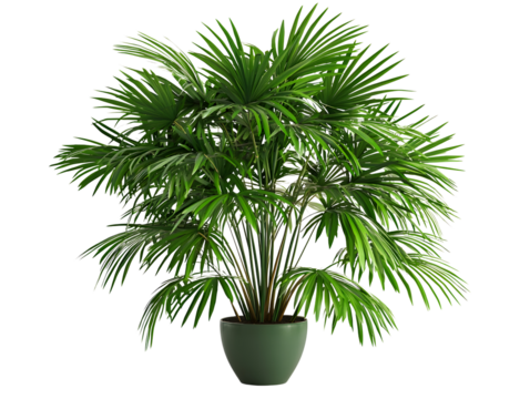 Lush green potted indoor palm plant with broad fronds in a decorative container for home decoration or interior design