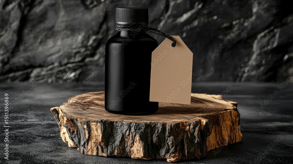 Poster Black glass bottle with blank kraft paper tag resting on rustic log slice, moody branding style