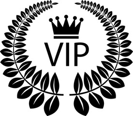 VIP icon in black flat style. Symbol of exclusivity. Vip vector with crown and laurel wreath. Luxury premium badge. Very important person sign illustration. Decoration element for your website design.