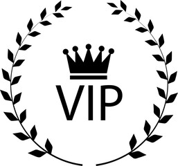 VIP icon in black flat style. Symbol of exclusivity. Vip vector with crown and laurel wreath. Luxury premium badge. Very important person sign illustration. Decoration element for your website design.