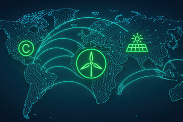 Global connectivity theme, digital world map with green symbols for peace and unity, ideal for discussions on sustainability.