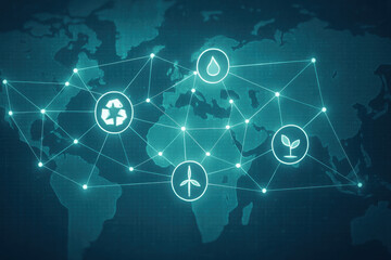 Global network representation, interconnected digital nodes on a world map, highlighting connectivity and technology themes.
