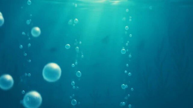 Underwater bubbles rising in blue water with sunlight filtering through  