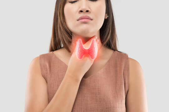 A woman is depicted holding her throat, with a superimposed image of the thyroid gland, suggesting clinical relevance to thyroid dysfunction or examination.