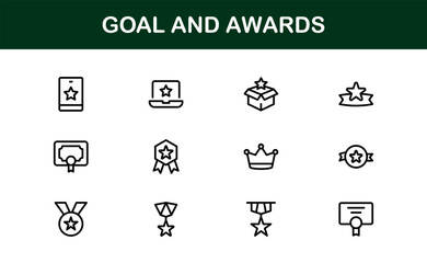 Goal and Awards Icon Set Representing Achievement, Medal, Trophy, Target, and Success Concepts in a Minimal, Vector-Based Stock-Friendly Design