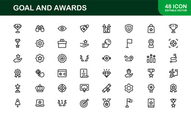 Goal and Awards Icon Set Representing Achievement, Medal, Trophy, Target, and Success Concepts in a Minimal, Vector-Based Stock-Friendly Design