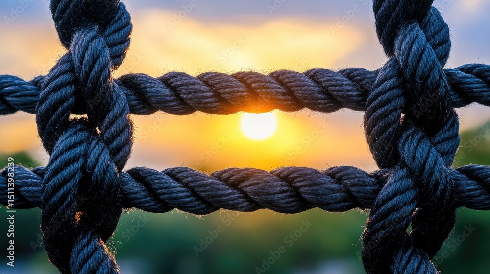 Poster abstract close-up of black ropes forming mesh pattern, soft sunset glow in the background