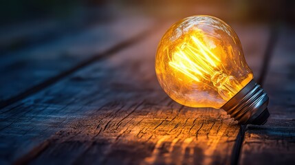 Fototapeta premium Illuminated light bulb resting on a rustic wooden surface casting a warm and inviting glow in the dark