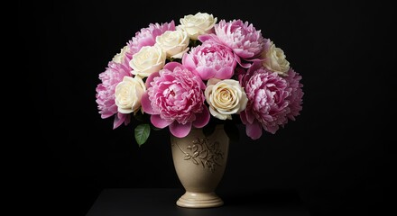 Fototapeta premium Elegant Pink and White Peonies and Roses in a Vintage Vase