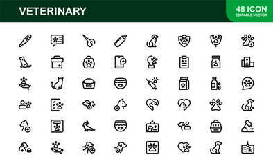 Veterinary Icon Set Featuring Pet Health, Animal Care, Medical Tools, and Clinic Concepts in a Clean, Minimalist, and Vector-Based Stock Design