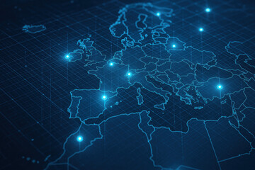 Digital network map, glowing connections across regions, abstract representation of technology and communication, suitable for data visualization.