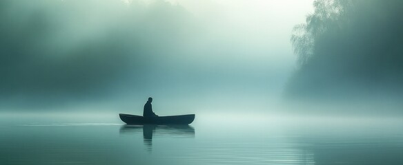 Solitary Figure Rowing Through Foggy Water