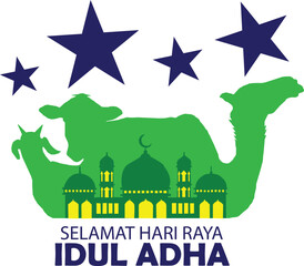 Eid al-Adha event background with silhouettes of camels, cows, goats and mosques