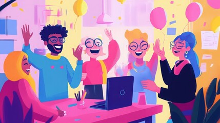 Group of diverse colleagues celebrating success in a colorful office with balloons and a laptop on desk