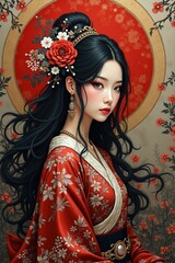Elegant Japanese Woman in Traditional Kimono with Floral Hairpiece &ndash; Oriental Beauty Art

