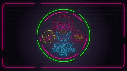 4K animated Father's Day neon sign with glowing outlines of dad and kids. Fun, vibrant tribute in a retro-modern style—perfect for celebrating fatherhood with a cool urban vibe.