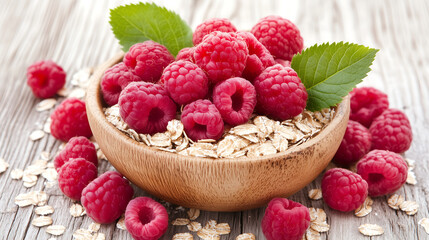 Organic oatmeal served in a bowl topped with fresh raspberries, nutritious, hearty, and perfect for a wholesome start.