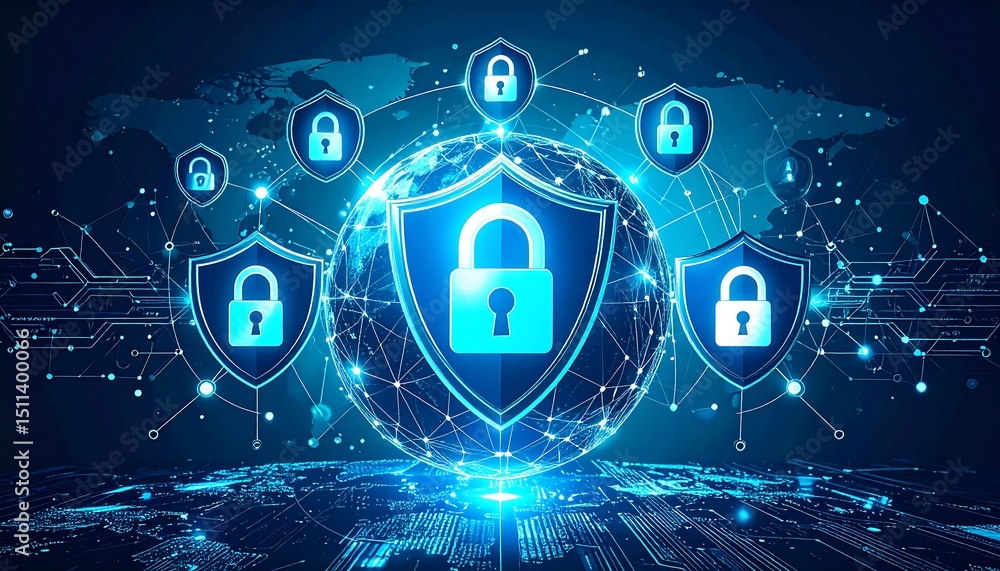 Aufkleber cybersecurity concept with digital shield with locks.