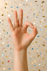 Hand Making OK Gesture with Colorful Confetti on Festive Background