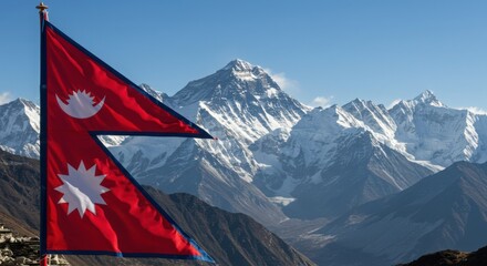 Waving Unique Nepali Flag Symbolizing Himalayas Against the Majestic Peaks of Mount Everest Range