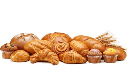 Golden-Brown Bakery Goods: Croissants, Breads, and Muffins in Rustic Arrangement
