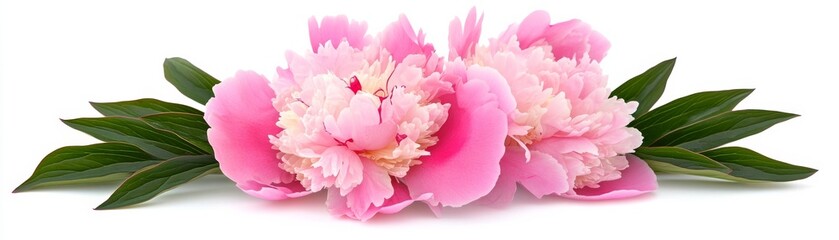 Obraz premium Pink Peony Duo with Green Leaves on White Background, Floral , Bloom
