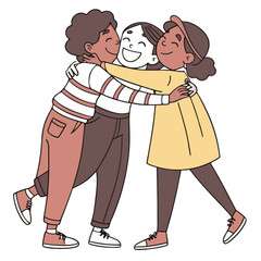 A beautiful group hug moment with smiling characters, expressing deep relationships, celebration, and care. Perfect for concepts of community, bonding, and love.