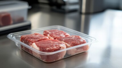 Raw Pork Cutlets in Clear Plastic Tray, food preparation, meat industry