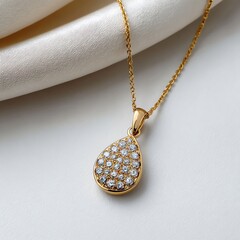 Elegant gold diamond teardrop pendant necklace isolated on white background
