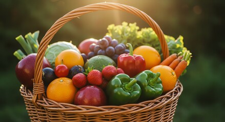 Sunlit Basket of Vibrant Fruits and Vegetables: A Rustic Still Life