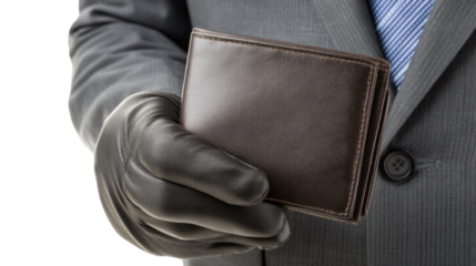 A professional businessman holding a brown leather wallet in gloved hand.