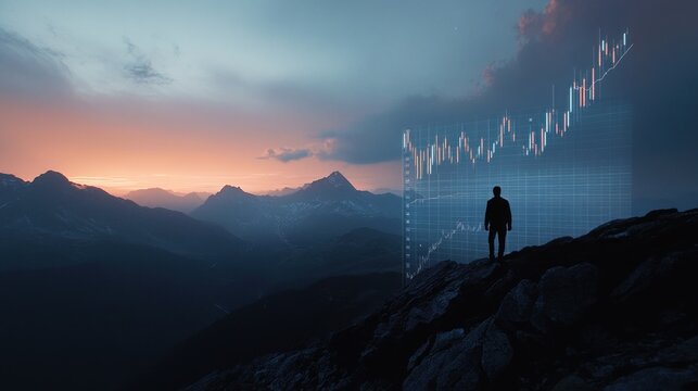 Silhouette of a Person Standing on a Mountaintop with a Stock Chart in the Background