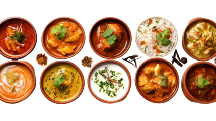 An array of traditional Indian dishes served in clay pots.