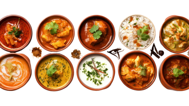 An array of traditional Indian dishes served in clay pots.