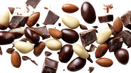 Assorted chocolate pieces and nuts on a white isolate background.