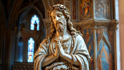 Marble statue of Jesus Christ in prayer with golden cross and crown, captured inside an ornately decorated church interior with gothic details and sacred ambiance. 3