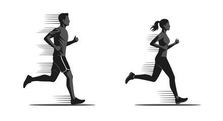 Obraz premium Running man and woman, isolated vector silhouettes. Run, side view. Silhouettes of athletic looking male and female runners running. Transparent PNG version. 