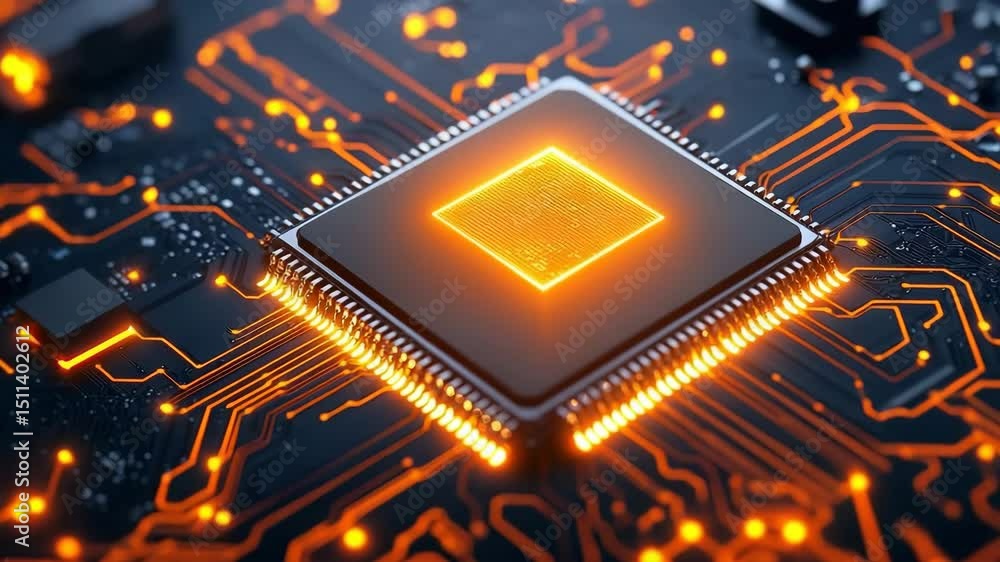 Poster glowing microchip electronic circuit technology futuristic orange light closeup computer hardware in