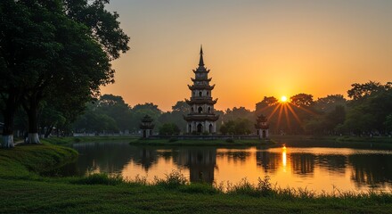 Fototapeta premium Tranquil Pagoda at Sunset: Serene Lakeside Landscape