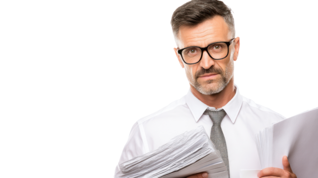 Businessman holding documents, serious expression, isolated background